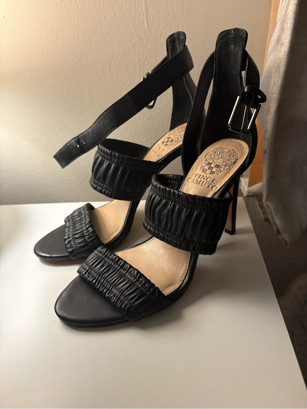 Vince Camuto Black Ruched Strap Stilettos